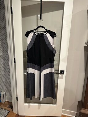 Sleeveless Black, White & Charcoal Colorblock Midi Dress